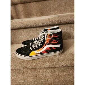 Vans Hi Tops Black Sneakers Shoes w/ Red & Orange Flames Men's 12 Women's 13.5